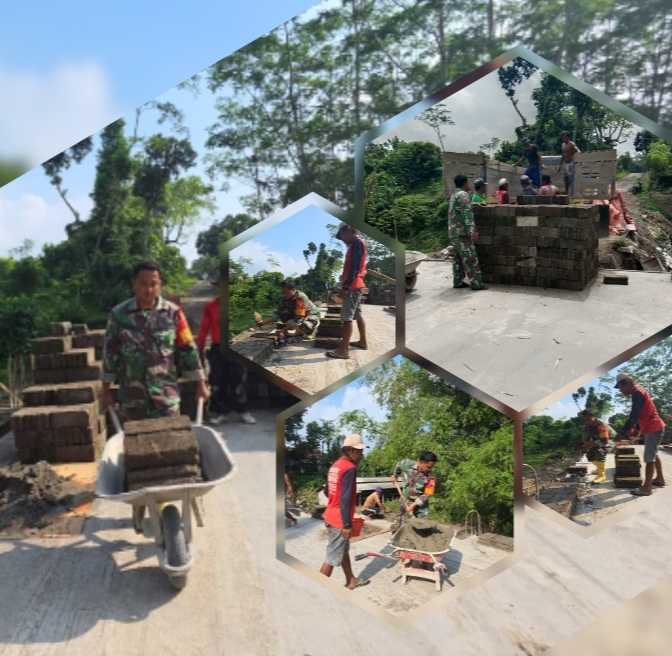 Wujud Babinsa Kebonduren Bersama Warga Kerja Bakti Pasang Dinding Pembatas Jembatan Perintis Garuda Kali Complang